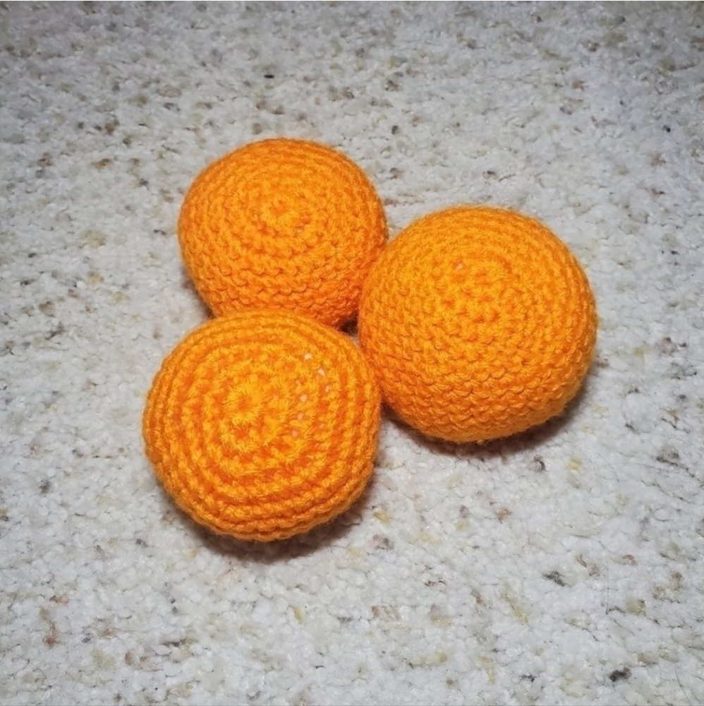 3 non squeaky balls. Homemade no pop crochet balls for toddlers, puppy, cats